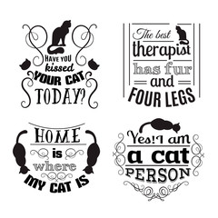 Collection of quote typographical background about cats with hand drawn waves and scrolls.Vector silhouette of cat. Template for business card poster and banner. Print for clothes.