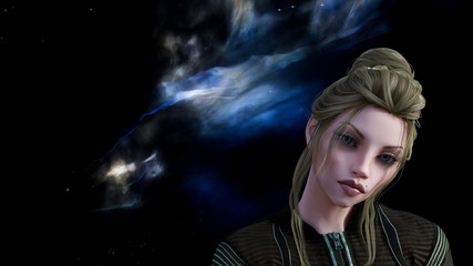 Woman in space looking sad with a nebula and stars in the background.