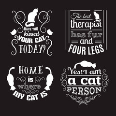 Collection of quote typographical background about cats with hand drawn waves and scrolls.Vector silhouette of cat. Template for business card poster and banner. Print for clothes.