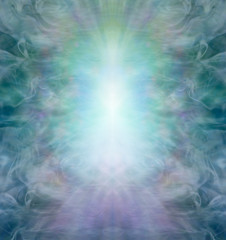 Ethereal Green Man Spirit Background - a white blue central column of light energy against a wispy gaseous jade green blue symmetrical nature inspired background