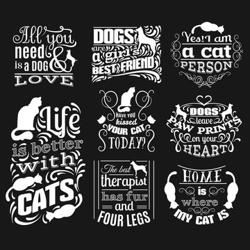 Collection of quote typographical background about cats and dogs with hand drawn waves and scrolls.Vector silhouette of cat. Template for business card poster and banner. Print for clothes.