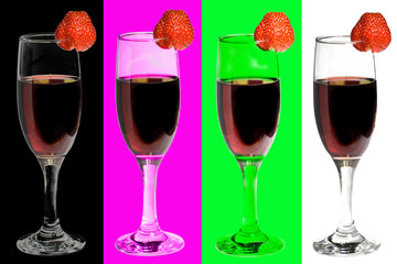 Fototapeta na wymiar Four glasses of wine with strawberries on different backgrounds