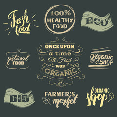 Set  quote typographical background . Healthy food vintage logo collection made in hand drawn style.   Farmer's  market, shop  logo . Template for card, poster, banner, badge and  labels.