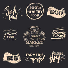 Set  quote typographical background . Healthy food vintage logo collection made in hand drawn style.   Farmer's  market, shop  logo . Template for card, poster, banner, badge and  labels.