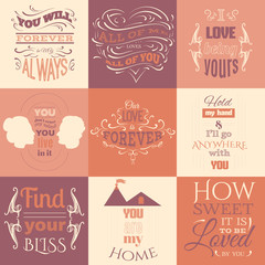Premium big  collection of romantic typographical background about love with hand drawn elements and silhouetes  of man and woman. Template for card poster and banner.