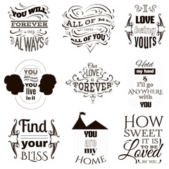 Fototapeta premium Premium big collection of romantic typographical background about love with hand drawn elements and silhouetes of man and woman. Template for card poster and banner.