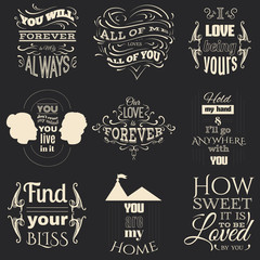 Premium big  collection of romantic typographical background about love with hand drawn elements and silhouetes  of man and woman. Template for card poster and banner.