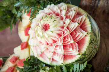 beautiful flower carving from watermelon by expert Thai students