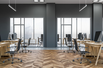 Side view of modern office with gray walls