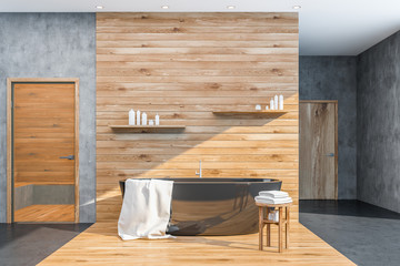 Obraz na płótnie Canvas Concrete and wood bathroom interior, tub