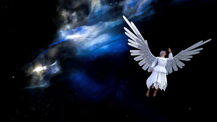 Winged being in a white dress soaring in space with a nebula and stars in the background.