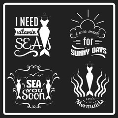 Fototapeta premium Collection of quote typographical background with creative illustration of mermaid's tail splash and seagull. Set of summery quotes isolated. Vector template for poster card and banner.