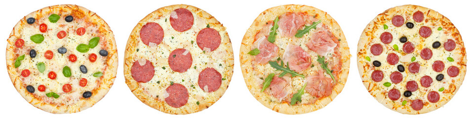 Pizzas Pizzen Pizza in einer Reihe Collage von oben freigestellt Freisteller isoliert