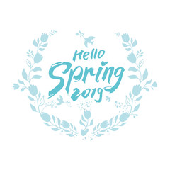 Beautiful vintage frame of spring flowers and birds. Hello Spring 2019. Template for design of cards, invitation, covers, etc.