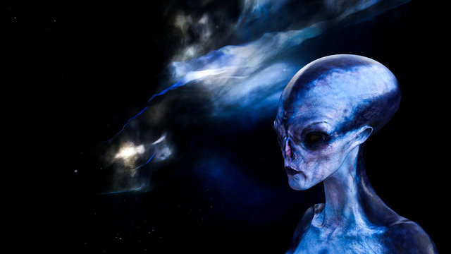 Side profile of an extraterrestrial in space with a nebula and stars in the background.