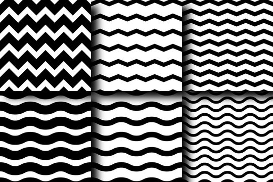 Set of seamless vector patterns of chevron and wave lines. Design for wallpaper, fabric, textile, wrapping. Simple black and white background