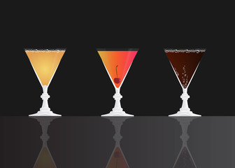 Grey Goose Cherry Noir,  Cherry Daiquiri Cocktail,  Cherry classic  on black mirrored background.  Vector illustration for web and print,  party invitation or menu decoration