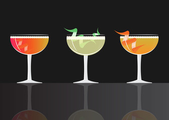 Grey Goose Cherry Noir,  Cherry Cosmo Cocktail,  Sparkling Apple Sherry Cocktail  on black mirrored background.  Vector illustration for web and print,  party invitation or menu decoration coupe glass