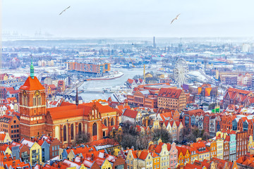View of Gdansk Old town, Church of St John and the Motlawa, Poland