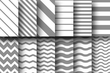 Set of seamless vector patterns of horizontal and diagonal stripes, chevron and wave lines. Design for wallpaper, fabric, textile, wrapping. Simple background