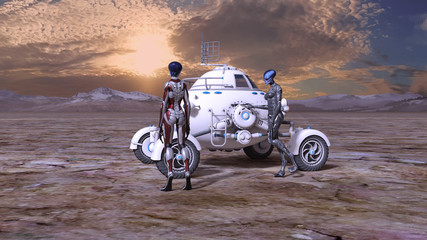 Obraz premium Illustration of two tall extraterrestrials standing near a space buggy on a dry world.