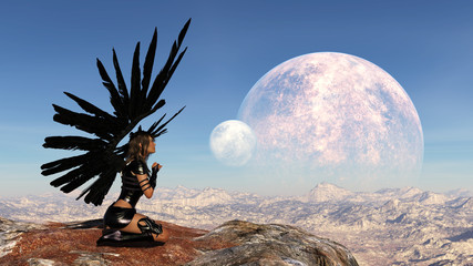 Illustration of a woman with outstretched wings praying atop a mountain with two moons in the background. © Bert Folsom