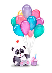 watercolor greeting card with panda, balloons and gifts