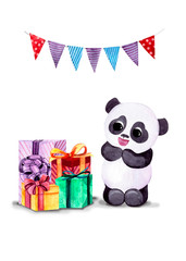 watercolor greeting card with panda, garland and gifts