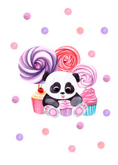 Watercolor greetings card with a cute panda and sweets