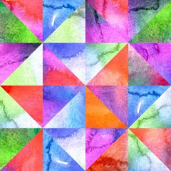 Patchwork of triangles with watercolor abstract blots. Background