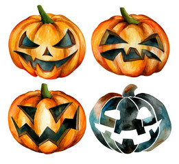 A set of pumpkins with scary mugs for Halloween. Watercolor drawing. Holiday symbol. Beating faces