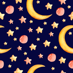 Watercolor seamless pattern with the image of stars, moons and bubbles on a dark blue background.