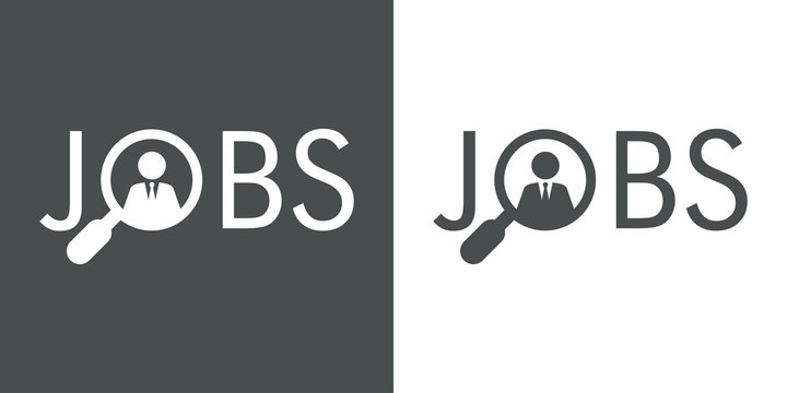 Icono plano abstracto con texto JOBS con hombre en lupa en gris y blanco