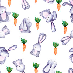 Joli modèle sans couture aquarelle avec des lapins et des carottes