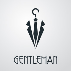 Logotipo abstracto con texto GENTLEMAN con corbata y solapas en percha en fondo gris