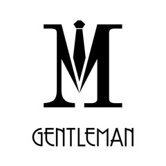 Logotipo abstracto con texto GENTLEMAN con letra M en corbata en color negro