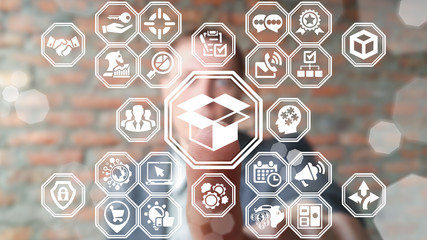 Man touches open cardboard box icon on a virtual screen. Logistics and product management business...