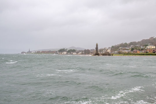 Storm Eric Hits the Seafront of Largs in the West Coast of Scotland High Winds and Waves break onto the Foreshore. Image was taken through heavy Rain.