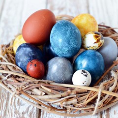 Dyed Easter vintage eggs with scuffs on a light gray background in a wicker basket. Stylish Background with easter eggs, modern. Happy Easter card. 