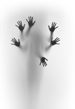 Blurred human body shape spirit stands behind diffuse surface, six hands can be seen sharply, fingers and palms.