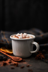 Hot cocoa drink with marshmallows in retro mug surrounded by ingredients: cinnamon, orange, anise and cove on dark concrete table over black wooden background. Winter drink. Rustic look. Copy space.