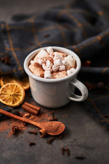 Hot cocoa drink with marshmallows in retro mug surrounded by ingredients: cinnamon, orange, anise and cove on black concrete table. Winter drink. Rustic look. Copy space for text.
