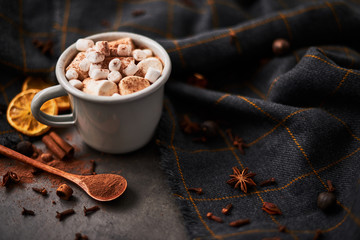 Hot cocoa drink with marshmallows in retro mug surrounded by ingredients: cinnamon, orange, anise and cove on black concrete table. Winter drink. Rustic look. Copy space for text.