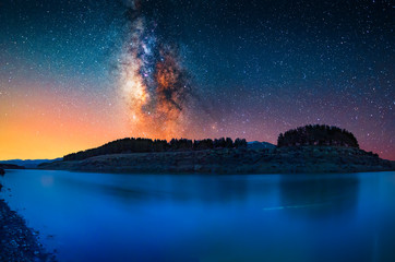 Milky way galaxy above the blue lake.