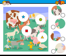 match pieces puzzle with farm animal characters