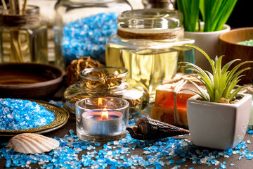 Items for spa massage in the composition on the table