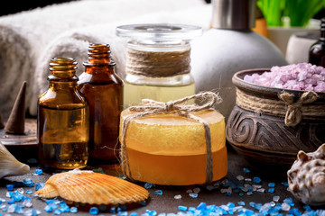 Items for spa massage in the composition on the table