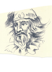 Portrait of an man. An hand drawn illustration on light yellow fabric.
