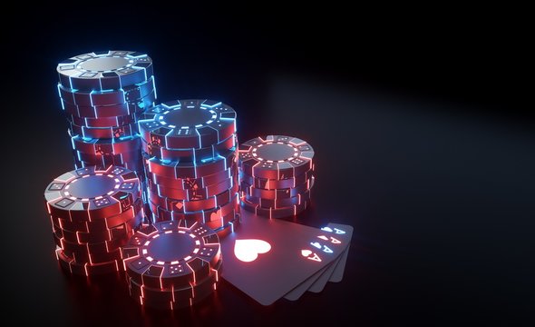 Casino Chips Concept With Futuristic Neon Lights - Isolated On The Black Background - 3D Illustration