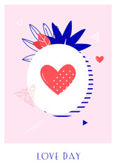 Romantic poster with pineapple, heart, plants and graphic elements on pink background. Love card in trendy flat linear style. Vector banner.